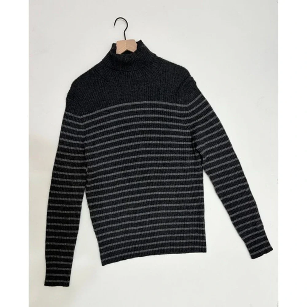 Men's VINCE Cashmere Striped Turtleneck Sweater Gray Ribbed Knitwear‎ X-Large